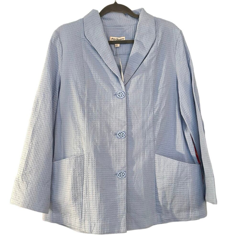 Norm Thomson Womans M Blazer Blue Waffle Knit Cotton 3 Button NWT Artsy Coastal